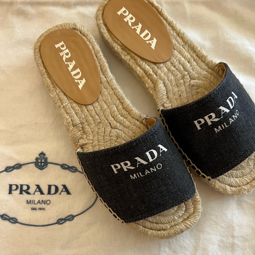 BRAND NEW Prada denim Logo Flat Espadrille Sandals